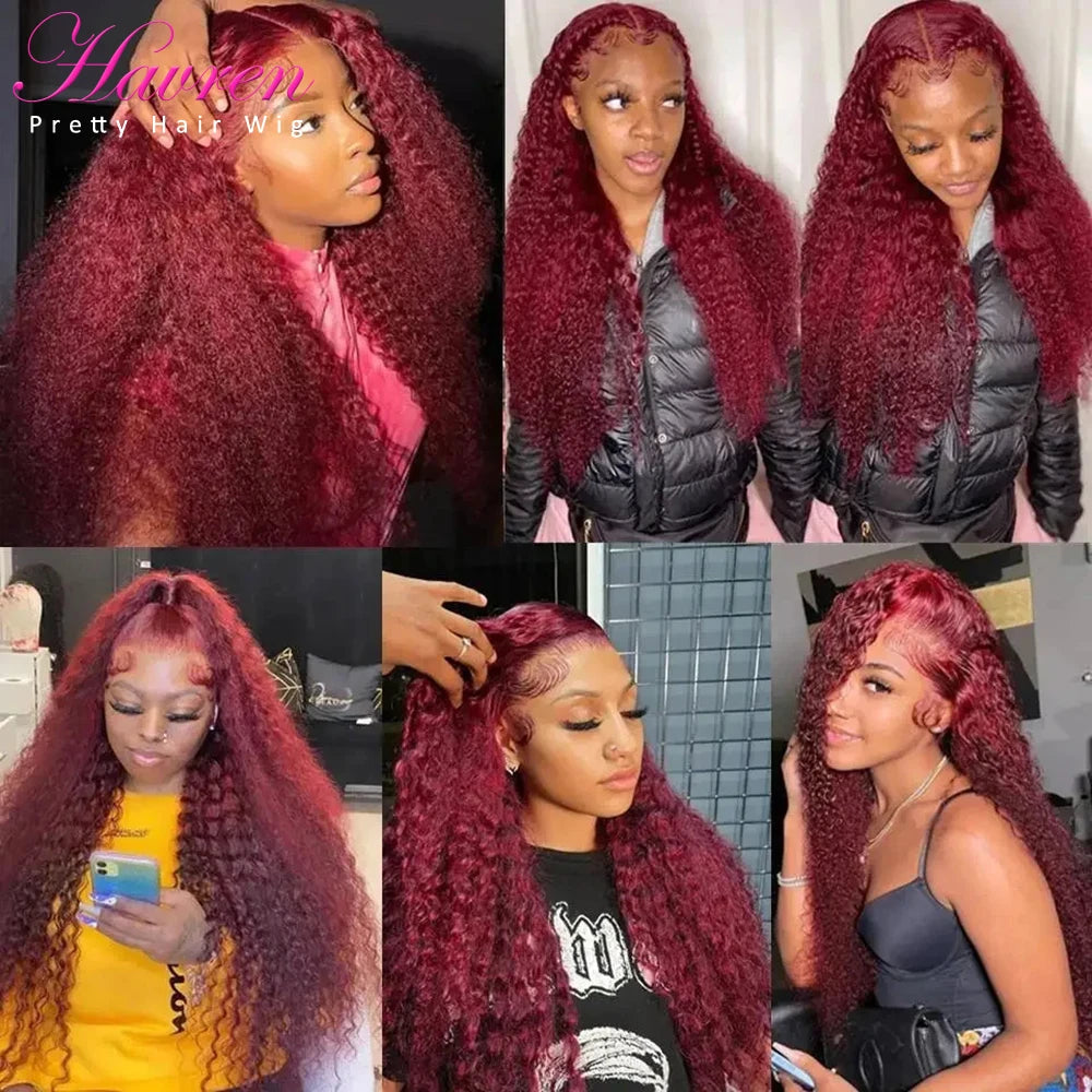 99J Burgundy Lace Front Wigs Human Hair 13x6 Deep Wave HD Lace Frontal Wigs Pre Plucked Human Hair Curly Wigs for Women 36 Inch