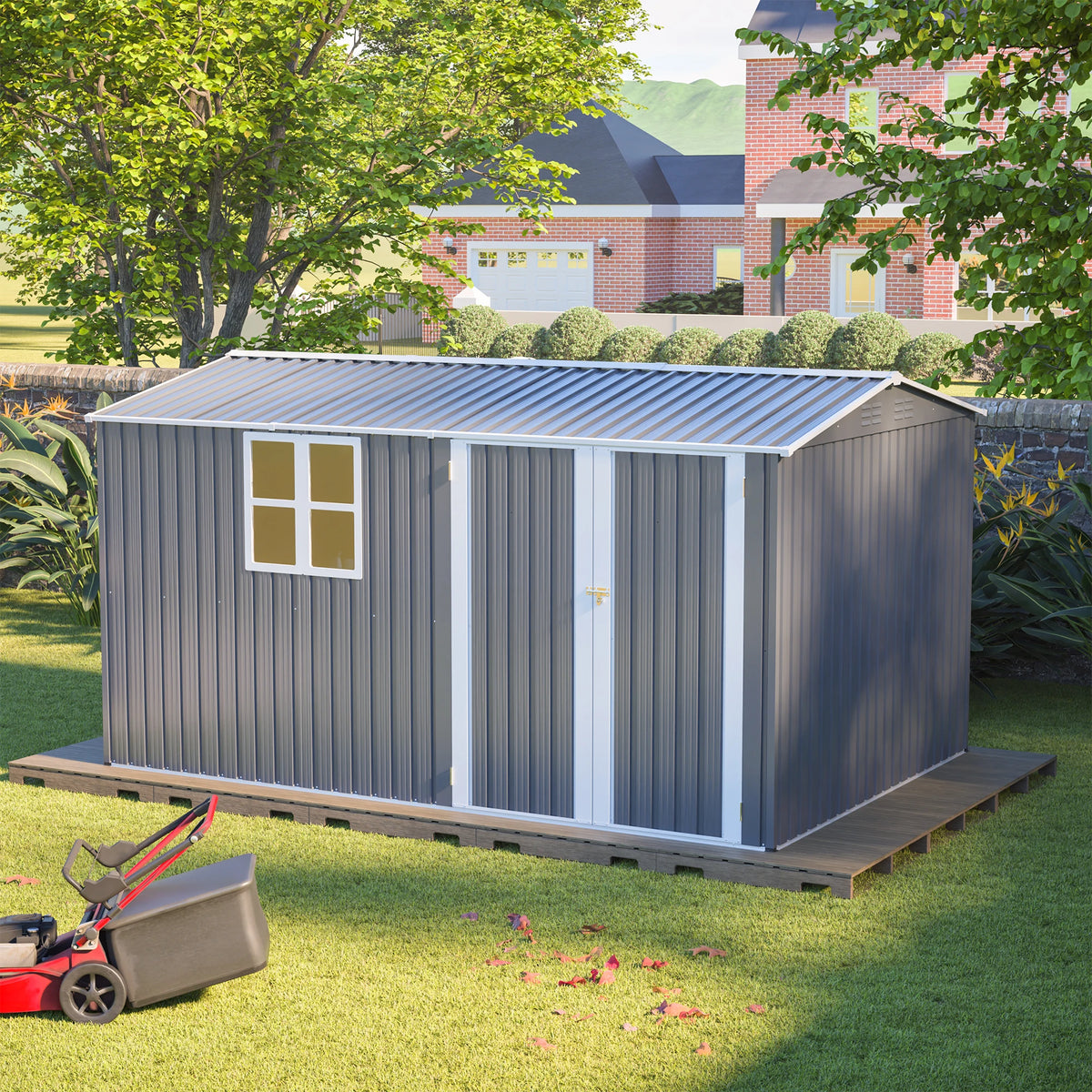 8x12 FT Heavy-Duty Steel Outdoor Storage Shed with Window, Hinged Gray Doors & 4 Air Vents for Backyard/Garden/Patio