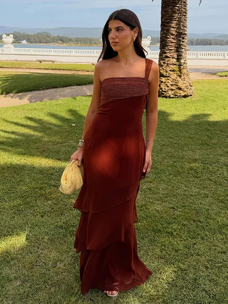 One-shoulder Shiny Chiffon Dress for Women Slim Sleeveless Cascading Ruffle Maxi Dresses 2026 Summer Vacation Party Lady Robes