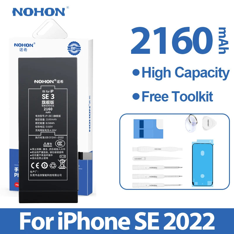 NOHON High Quality 2160mAh Battery For iPhone SE 2022 2020 2016 SE2 SE3 11 12 13 14 Phone Replacement Batteries With Tool Kit
