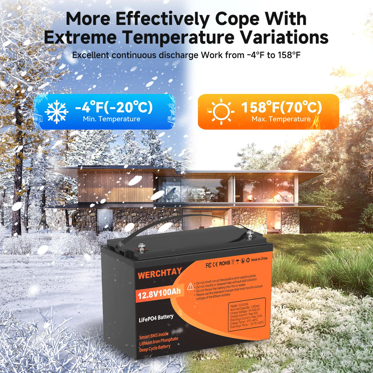 WERCHTAY 12V 100Ah LiFePO4 Lithium Battery for Camping 25000 Cycles Safe Lithium Power for RV Solar System With BMS Protection