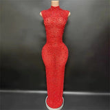 Sparkly Rhinestone Sleeveless Stretchy Mesh See Through Long Dress Women Luxury Evening Prom Gown Singer Dancer Show Stage Wear