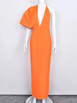 BEAUKEY Luxury Evening Orange HLBandage Dress Drape Maxi XL Asymmetric Sleeve Deep V Neck Sexy Party Stretchy Bodycon Dress