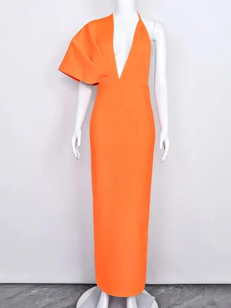BEAUKEY Luxury Evening Orange HLBandage Dress Drape Maxi XL Asymmetric Sleeve Deep V Neck Sexy Party Stretchy Bodycon Dress