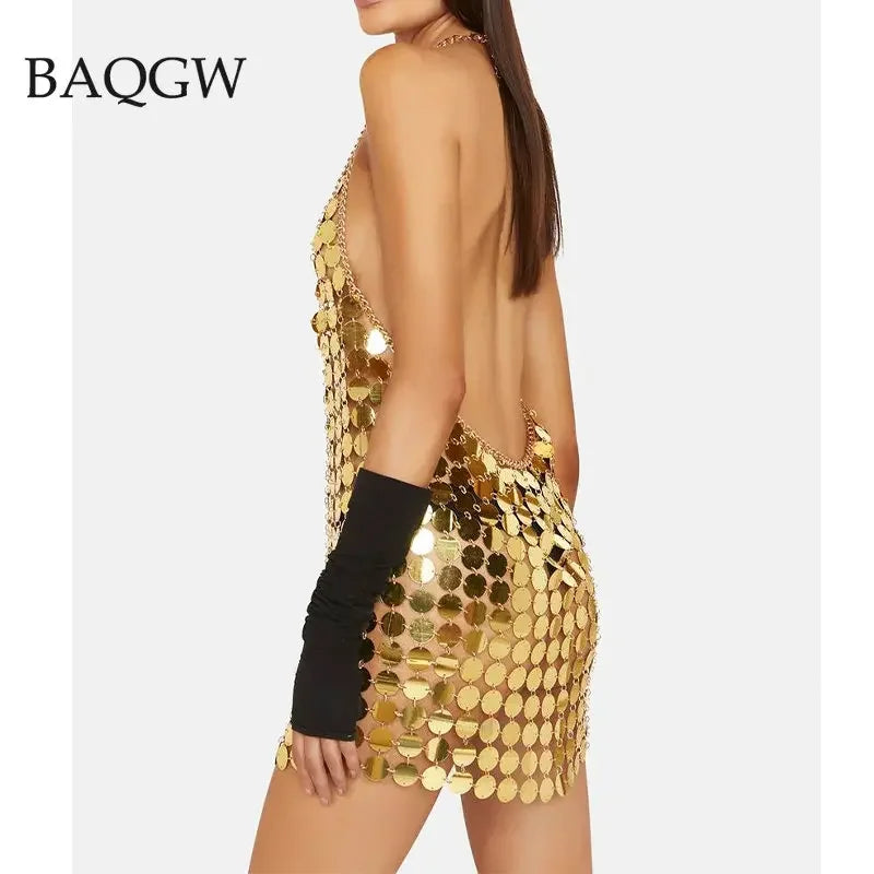 Women Fashion Sleeveless Sexy Backless Glitter Black Gold Chainmail Sequin Patchwork Mini Dresses Diana Silver Disc Dress