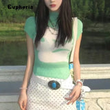 Euphoria Y2K Sweet Patchwork Green Short Sleeve Folds T-Shirts For Women Casual Slim Fit Fashion Knitted Tees Shoujo Tops