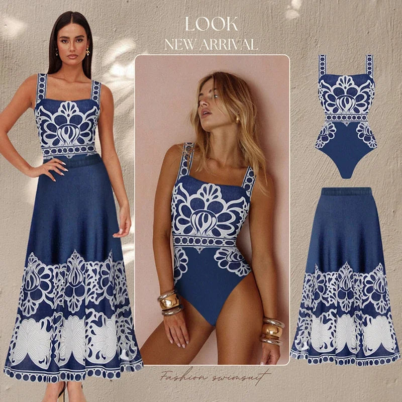 Women Sexy Swimwear Two Piece Printed Swimsuit New Bikini With Long Skirt Female Biquini Push Up Swim Suit Bodysuit Beachwear