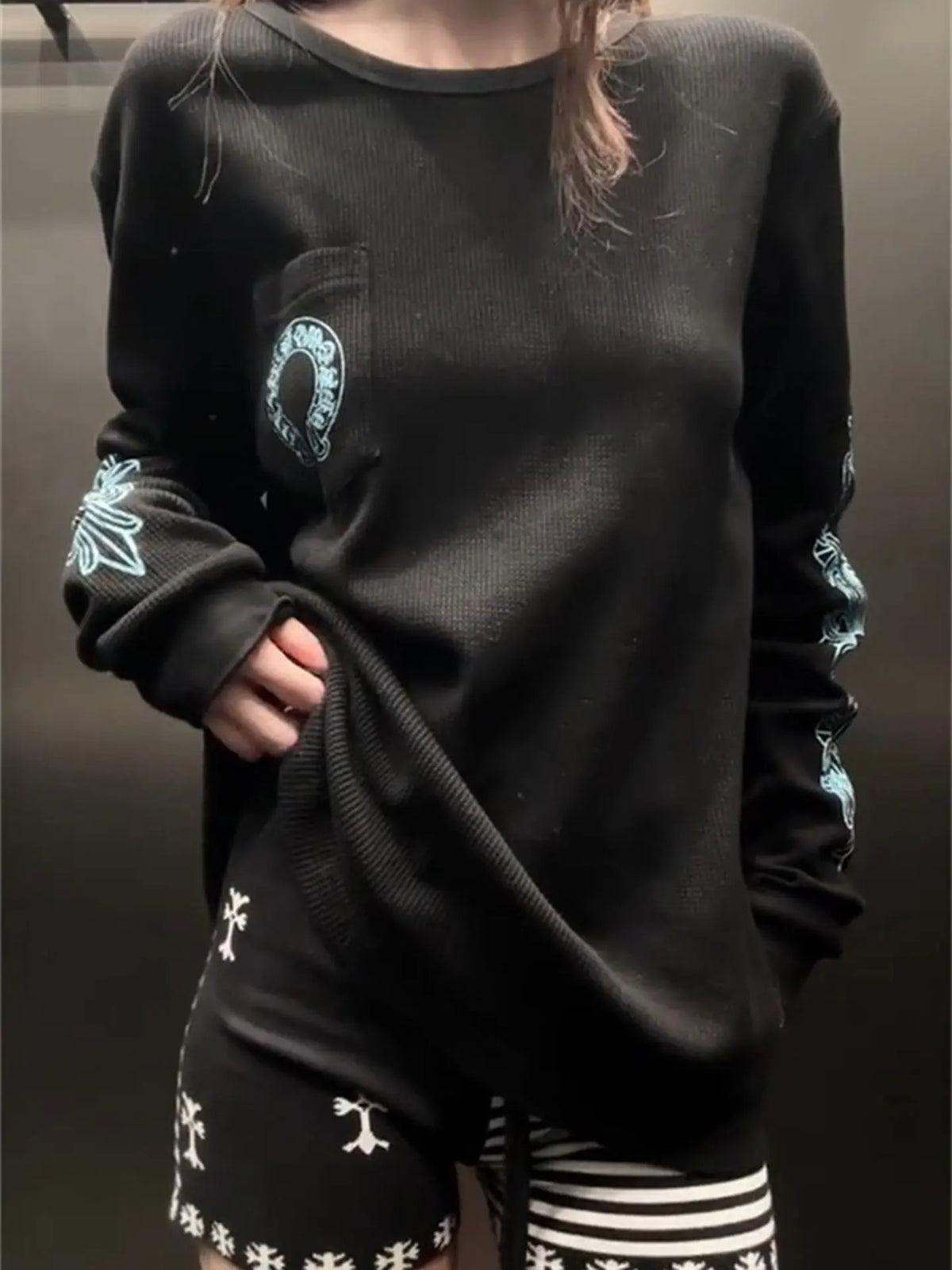 Loose Fit Long Sleeve T-Shirt Women's Early Autumn Design Sense Small Crowd Trendy Brand Loose Fit Cotton Printed Pocket Tee