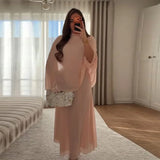 Women's Fashion Pink High Neck Cape Dress Elegant Loose Long Sleeve Flowy Maxi Dress 2026 Spring NEW Lady Evening Party Outfit
