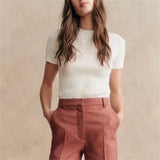 Women's Pit Stripes Knitted Tshirt Solid Color Round Neck Short Sleeve Lady Slim Fit Stretch Tee Knitwear 2025 Summer