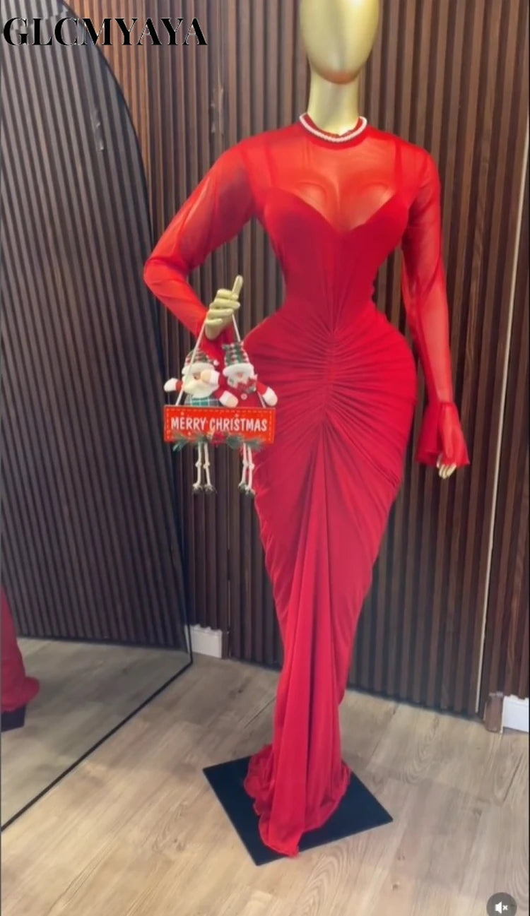 CM.YAYA Women's Flare Long Sleeve O-neck Ruched Mermaid Long Maxi Dress 2026 Street Mesh Sexy Party Cocktail Night Dresses
