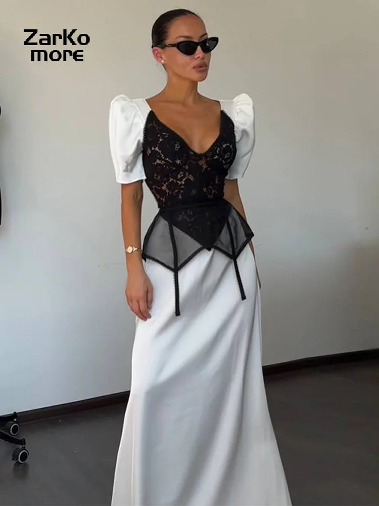 Elegant Women's Satin Lace Patchwork Waistband Dress V-neck Bubble Short Sleeved Zipper Dresses 2026 Summer Lady Party Robes