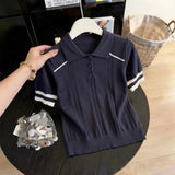 Women's Clothing Cool Silk T-shirt Summer Loose Knit Stripe Short Sleeve Casual Tee Lady Versatile Turn-down Collar Pullover Top