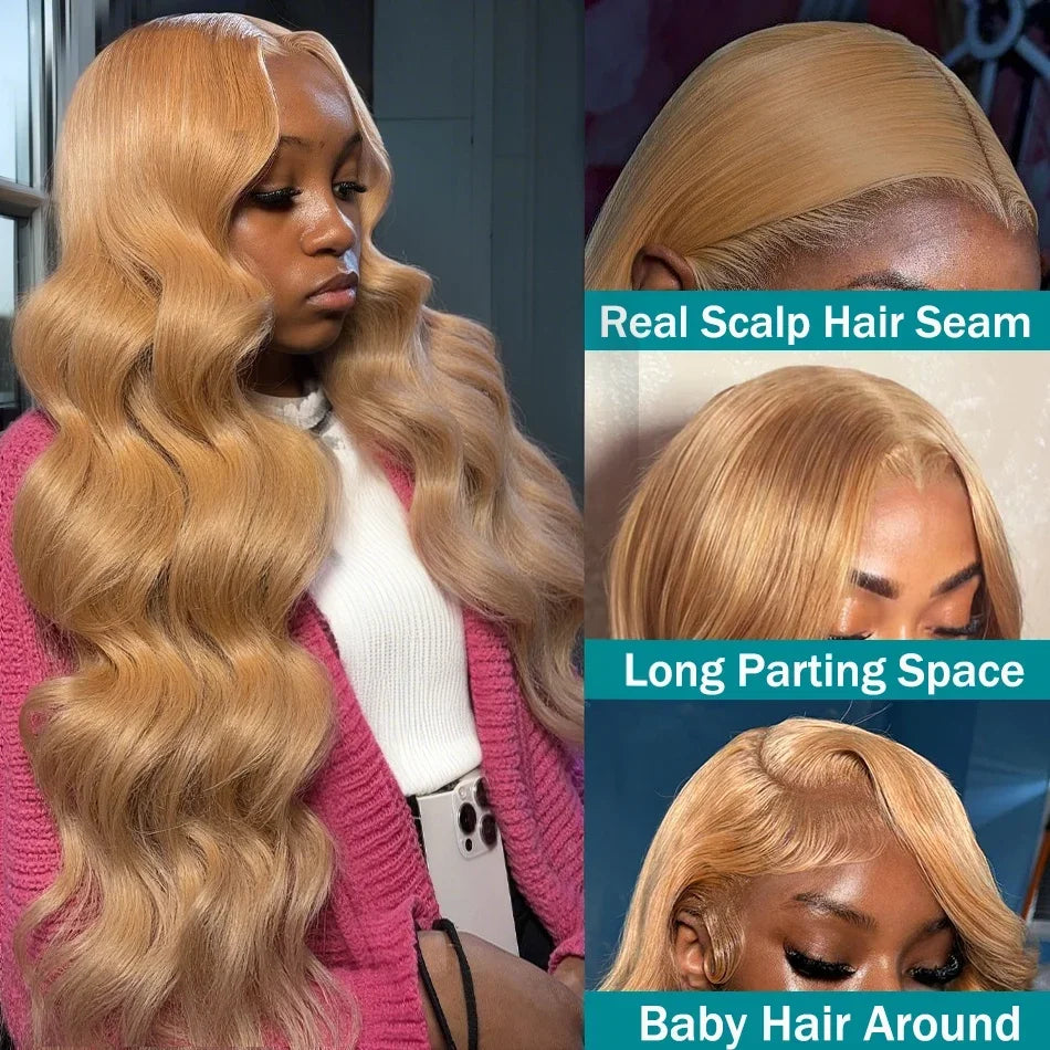Body Wave 27 Honey Blonde Human Hair Wig 13x6 13x4 Transparent Lace Frontal Wig 220 Density Brazilian Loose Body Wave PrePlucked