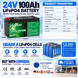 24V 100Ah LiFePO4 Battery 2.56Kwh 6000+ Cycles Bluetooth Smart BMS 25.6V 200Ah 300Ah For Solar RV Marine Trolling Motor Off Grid