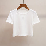 Women's Embroidered O-Neck Casual Tee Solid Color Short Knitted T-Shirt Summer Tops