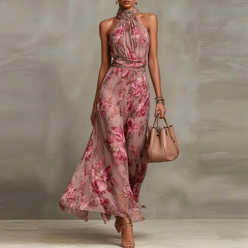 Elegant Halter Off Shoulder Hollow Party Dresses Woman Spring Floral Print Chiffon Long Dress Boho Sleeveless Summer Beach Dress