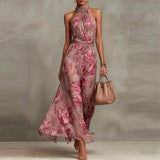 Elegant Halter Off Shoulder Hollow Party Dresses Woman Spring Floral Print Chiffon Long Dress Boho Sleeveless Summer Beach Dress