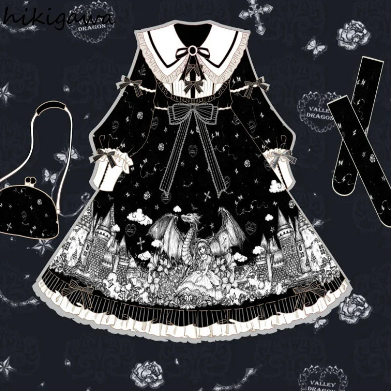 Vintage Y2K Vestidos De Mujer Japanese Woman Dress Lolita Robe Fashion Big Swing Black Robe Ruffles Bow Gothic Party Dresses