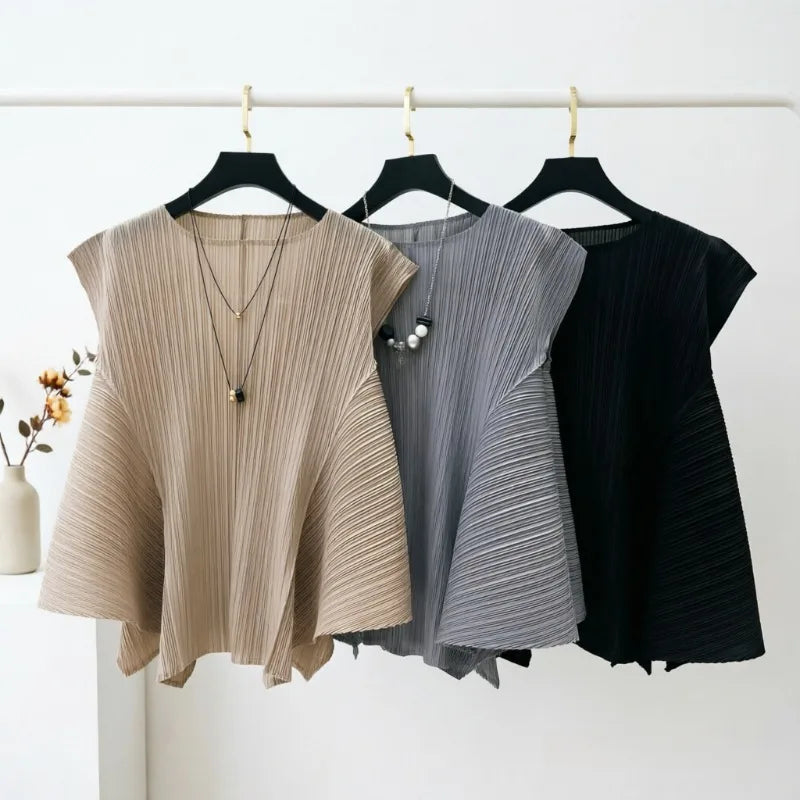 Pleated T-Shirt Summer New Simple Fashion Irregular Sleeveless Loose Casual Round Neck Women's Lightweight Stretch Top