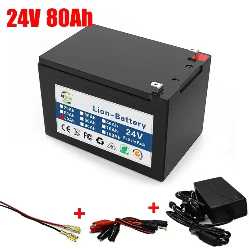 New 18650 24V 100Ah Lithium Ion Battery Pack,for Electric Vehicle Solar Storage Replacement Rechargeable Battery + Charger