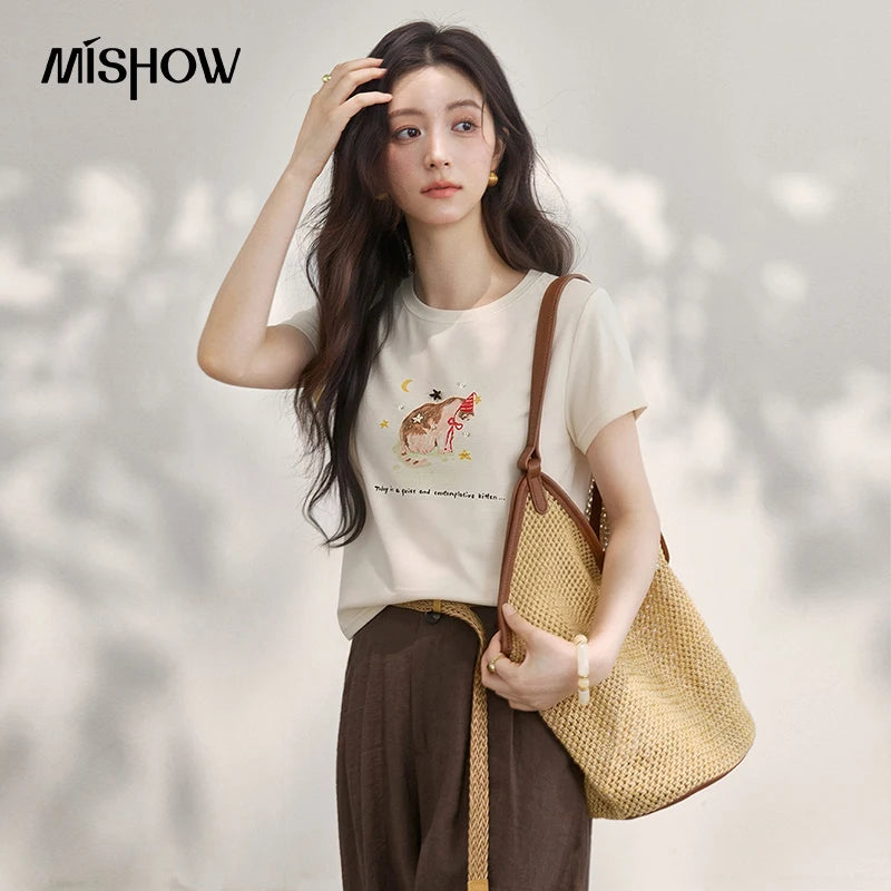 MISHOW Casual Fashion Cat Printed Beading T-Shirt For Women 2026 Summer Cute Design Round Neck Short Sleeve Top MXF24T1615