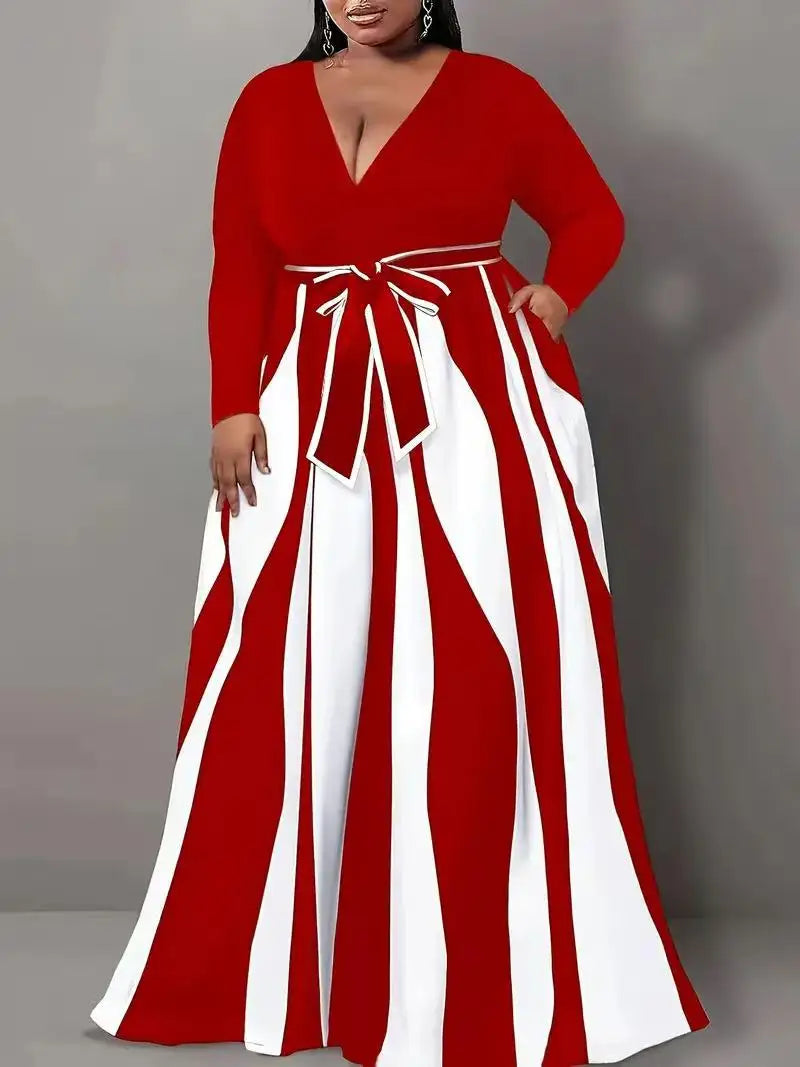 Plus-Size Women's V-Neck Elegant Long-Sleeved Striped Color-Block Dress