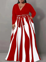 Plus-Size Women's V-Neck Elegant Long-Sleeved Striped Color-Block Dress