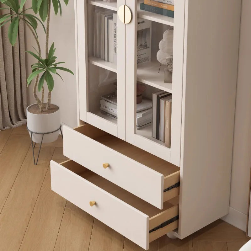 Nordic Solid Wood Bookshelf Modern Minimalist with Glass Doors Multi-layer Display Cabinet Storage Floor-standing Furniture FYBK