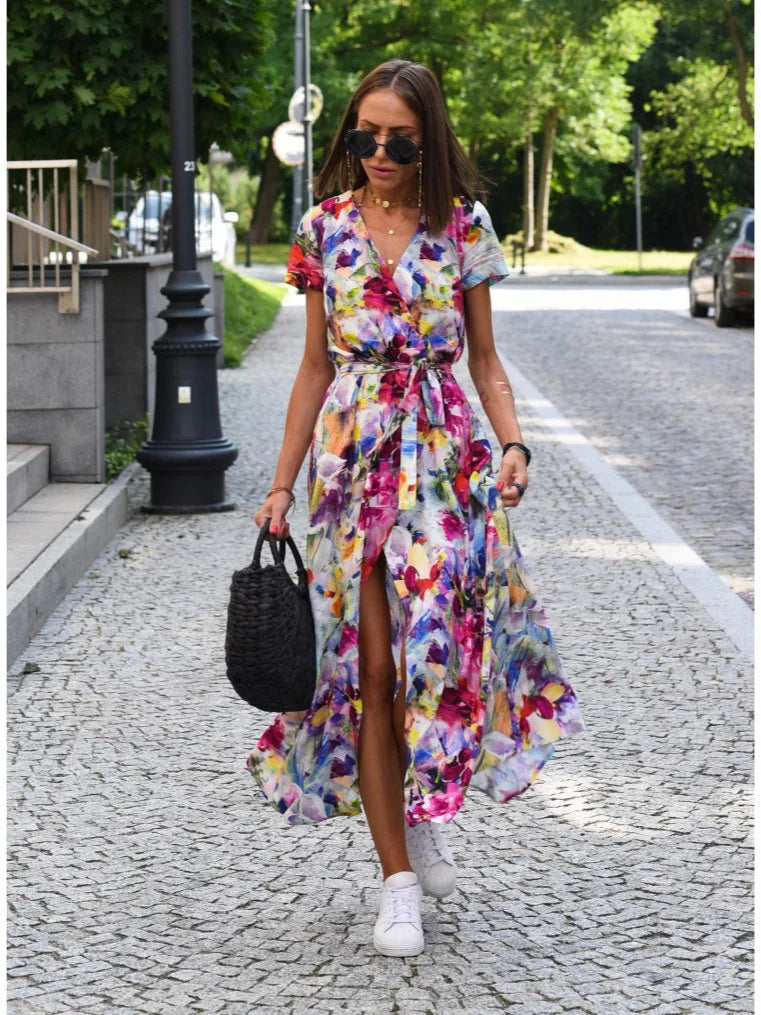 Printed Dress 2025 Summer V-neck Split Fork Medium and Long Group European and American Cross-border Women's Clothing