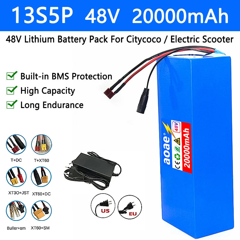 48V Electric Scooter Battery 13S5P 20Ah 18650 Grade-A Cells 2000W Built-in BMS XT60 JST High Capacity Long Range Safe & Durable