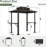 Gazebo 8 x 5FT, Aluminum BBQ Gazebo with Double Polycarbonate Top, Grill Canopy Hardtop with Shelves, Garden