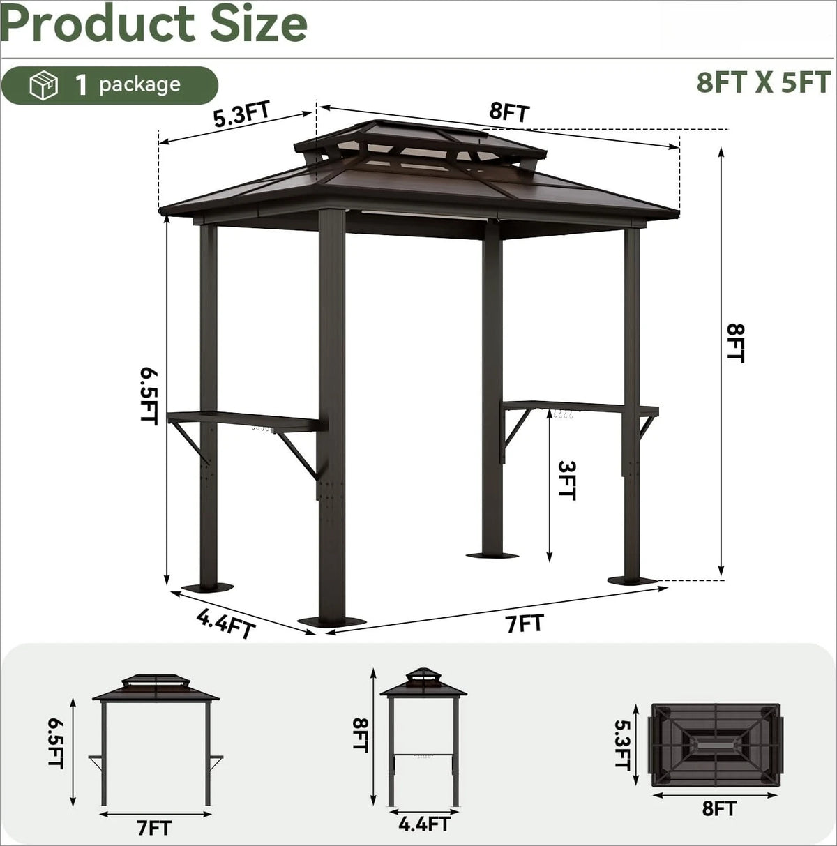 Gazebo 8 x 5FT, Aluminum BBQ Gazebo with Double Polycarbonate Top, Grill Canopy Hardtop with Shelves, Garden