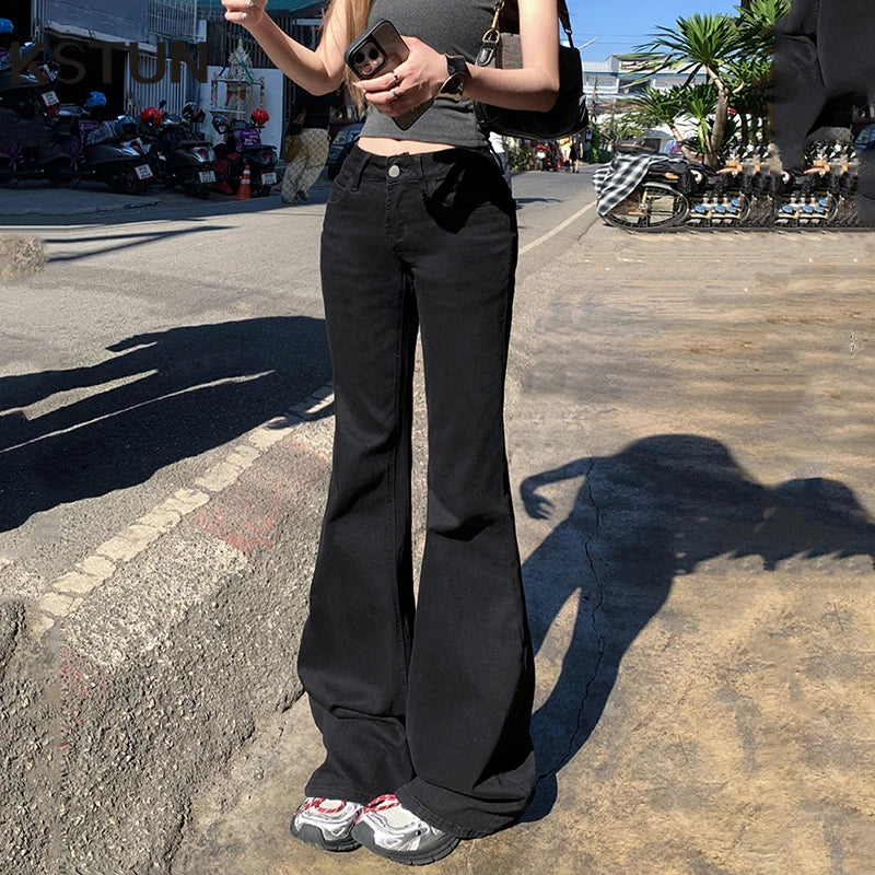 KSTUN 2025 New Low Waist Boot Cut Jeans For Women Fashion Stretch Denim Flared Pants Black Casual Female Bell Bottom Trousers