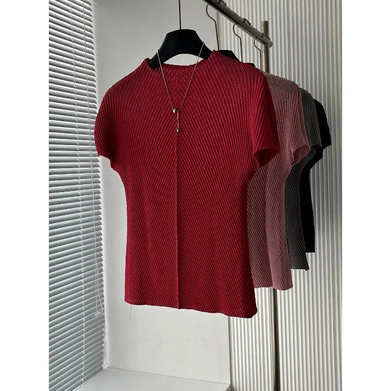 Miyake Pleated T-Shirt 2026 Luxurious Solid Pleats Short Sleeve T-Shirt Summer New Versatile Slim Elegant Round Neck Top Women