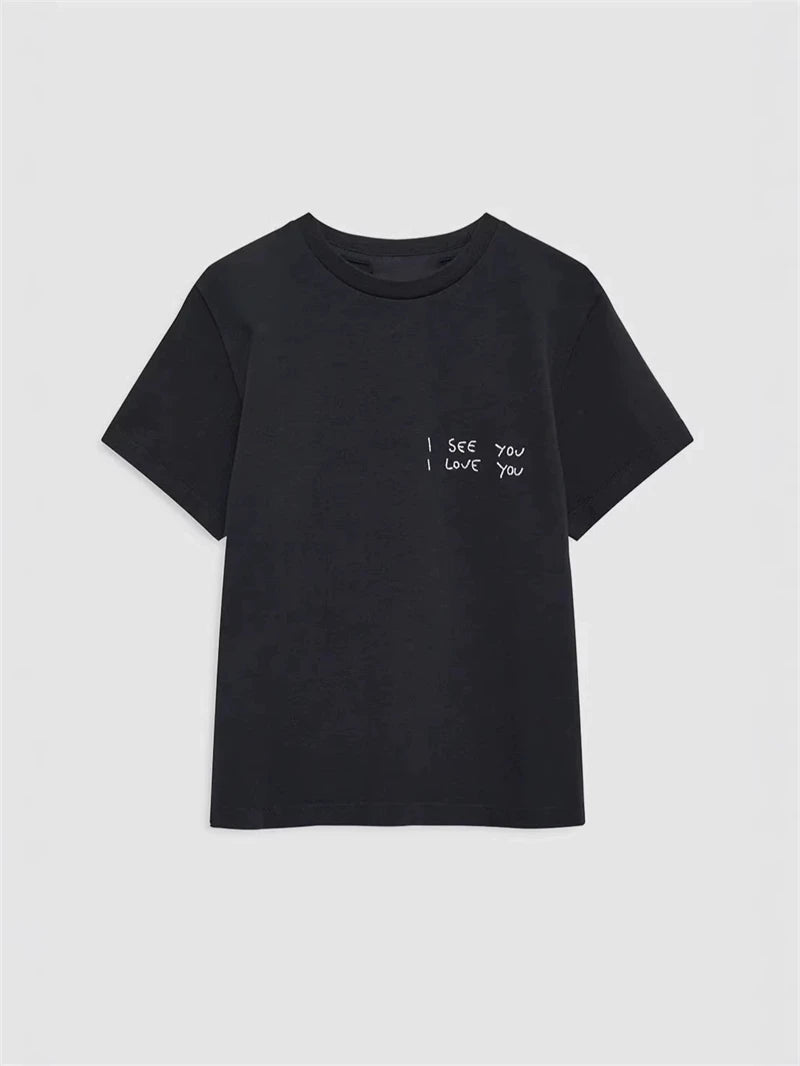 New North America Style I SEE YOU I LOVE YOU Letter Embroidery T-shirt High Quality Short Sleeved Women Pure Cotton Basic Tees