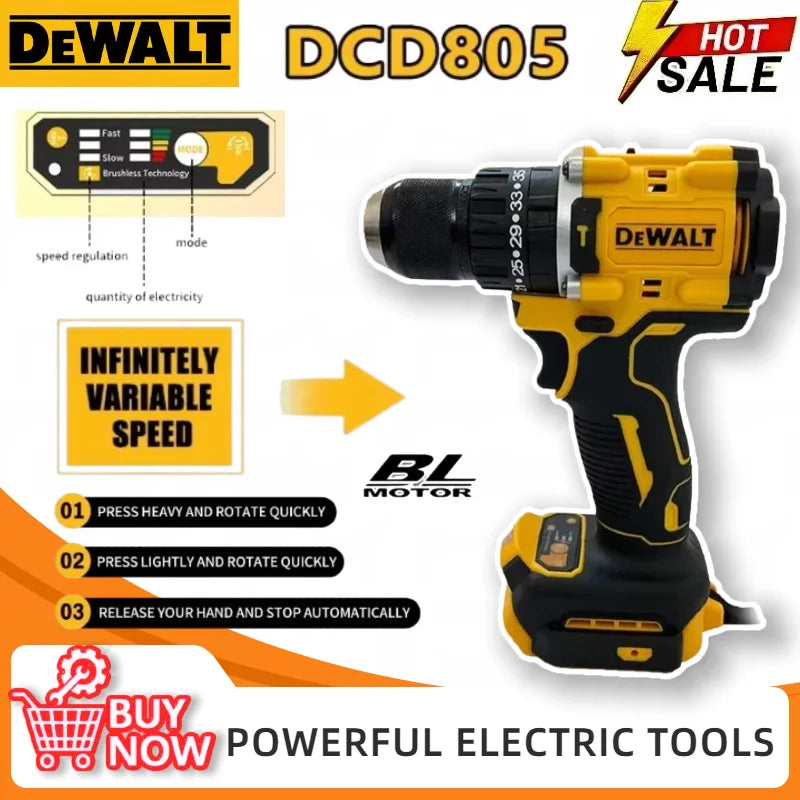 DEWALT DCD805 Brushless Cordless Impact Drill Electric Screwdriver Multi-Function Hand Drill Power Tools For 18V Battery