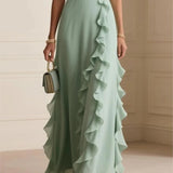 Women's Elegant Solid Color Ruffle Sleeveless Sexy V-Neck Long Dress Fashionable Bohemian Women's Party Evening Maxi Dresses