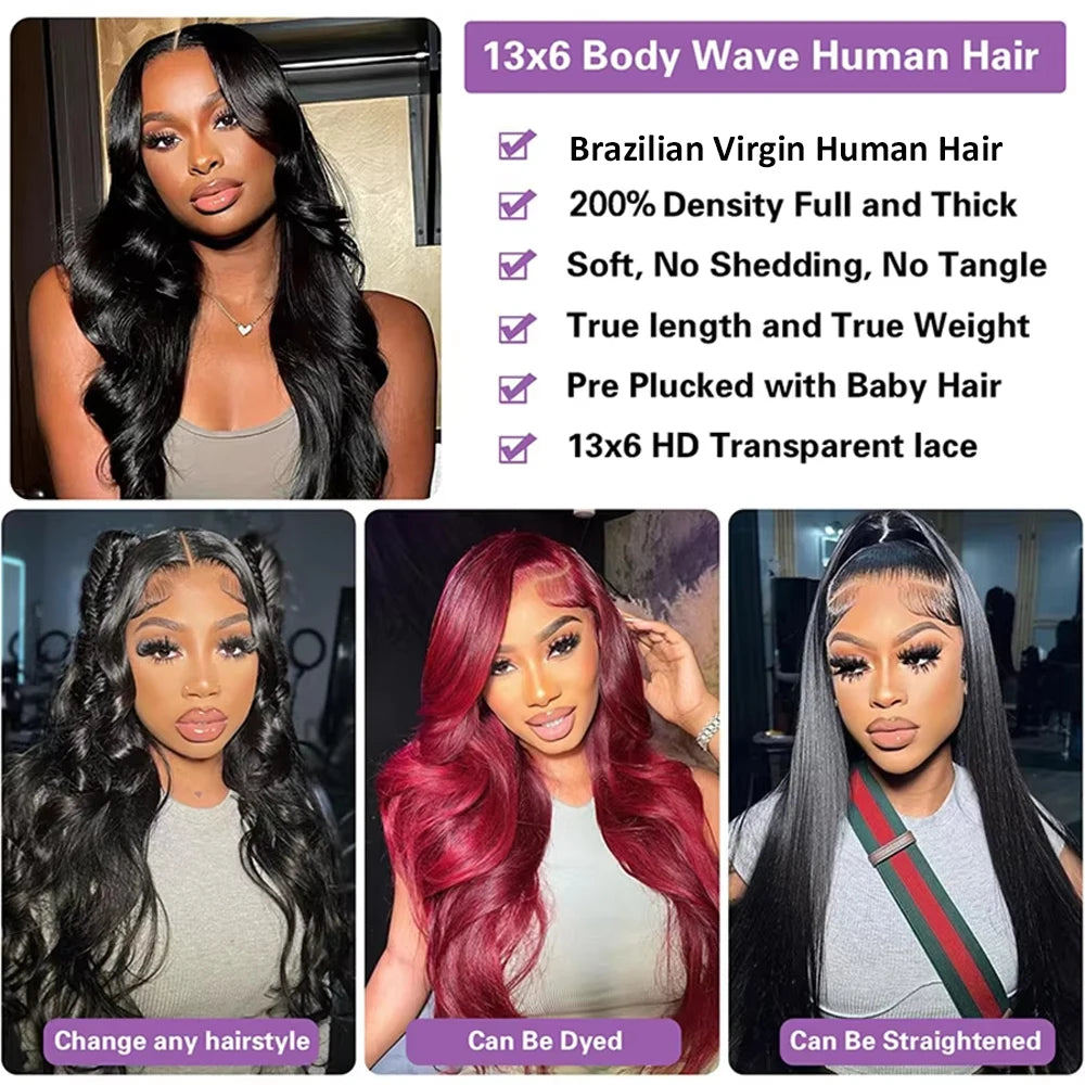 Body Wave Lace Front Human Hair Wig 30 34 40 Inches 200 Density Brazilian Remy 13x6 Transparent Hd Lace Frontal Wigs For Women