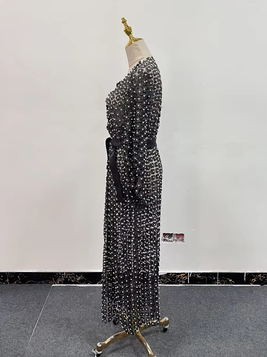 TWOTWINSTYLE Solid Patchwork Pearls Elegant Dresses For Women O Neck Long Sleeve Spliced Bowknot Midi Slimming Dress Female New