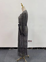 TWOTWINSTYLE Solid Patchwork Pearls Elegant Dresses For Women O Neck Long Sleeve Spliced Bowknot Midi Slimming Dress Female New