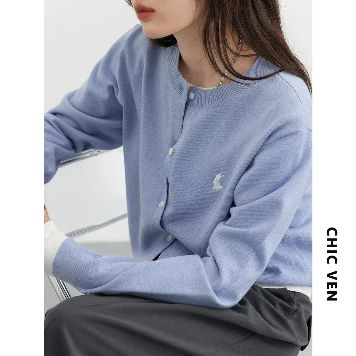 CHIC VEN Women T-Shirts New Multi Color Option Simple Solid Rabbit Embroidery Knitted Cardigan Sweater Autumn Spring 2025