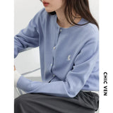 CHIC VEN Women T-Shirts New Multi Color Option Simple Solid Rabbit Embroidery Knitted Cardigan Sweater Autumn Spring 2025