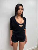 Tank Purple Black Deep V-Neck Knitted Top Can Be Worn in Both Front and Back, With Mid Sleeves and a Long T-Shirt Skirt
