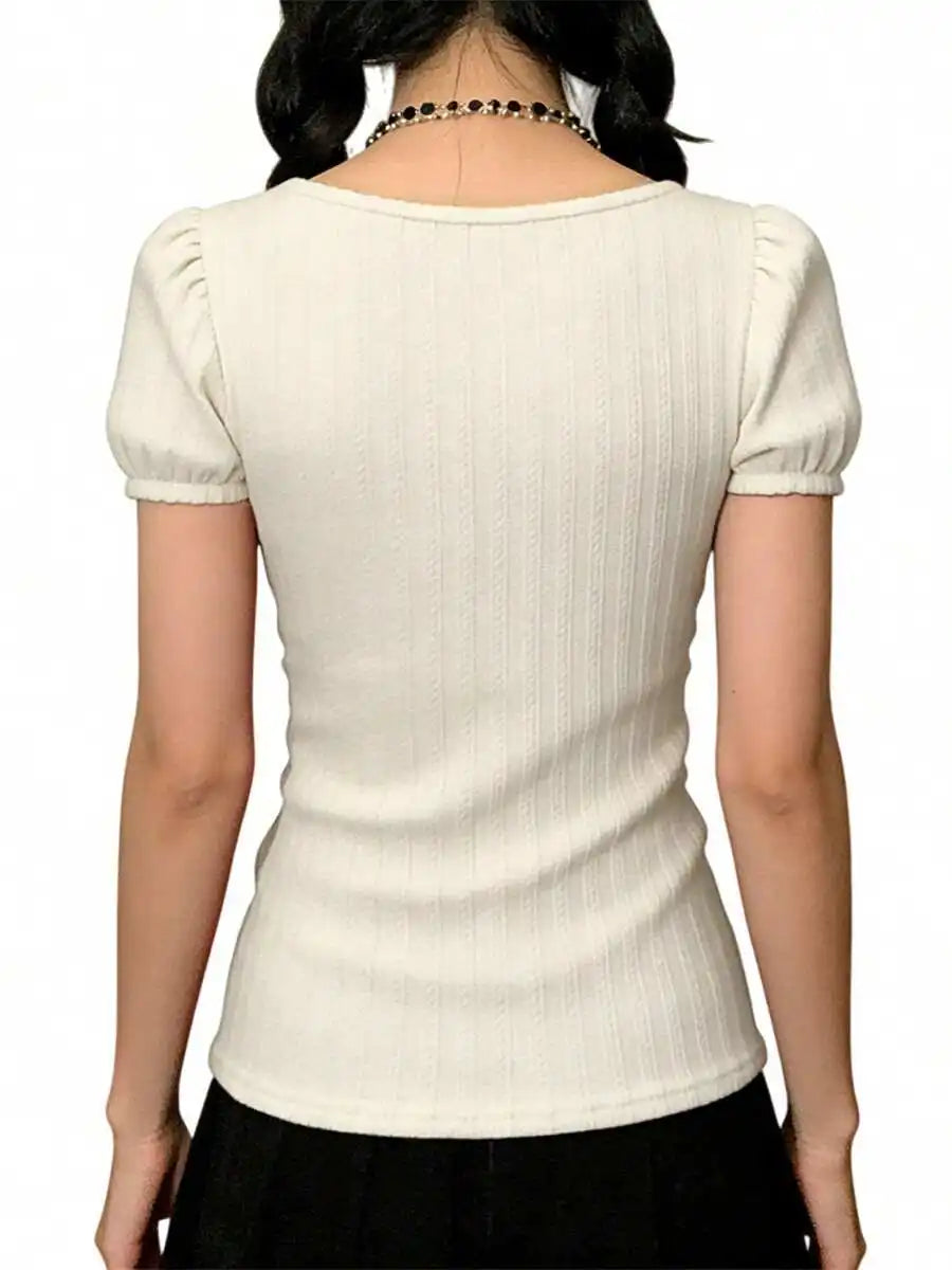 Womens Pink Puff Sleeve Sweetheart Neck Lace Patchwork Slim Fit Top