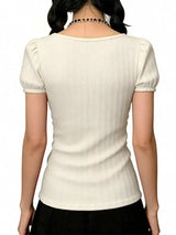 Womens Pink Puff Sleeve Sweetheart Neck Lace Patchwork Slim Fit Top