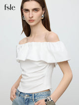 FSLE【Premium Series】 One-shoulder Pleated Patchwork T-shirt Exquisite Temperament Slim Top 25FE12072
