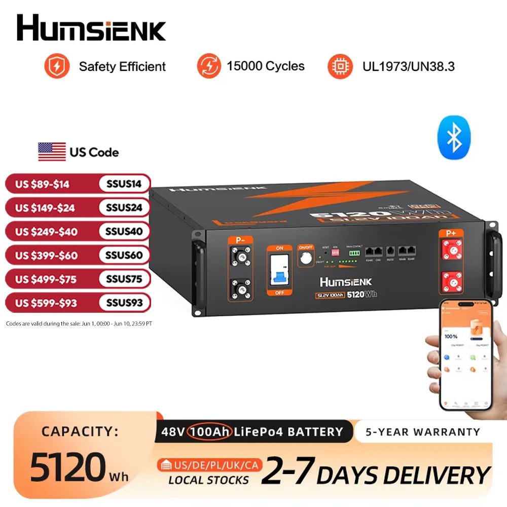 Humsienk 48V 100AH Server Rack LiFePO4 Battery 3U Size With Bluetooth 100A BMS 15000 Cycles For Inverter, RV, Vans, Solar Energy