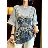 Fashionable Heavy-Duty Beaded Loose T-Shirt Women's Summer New Arrival Korean Style round Neck Short Sleeve Top for Ladies