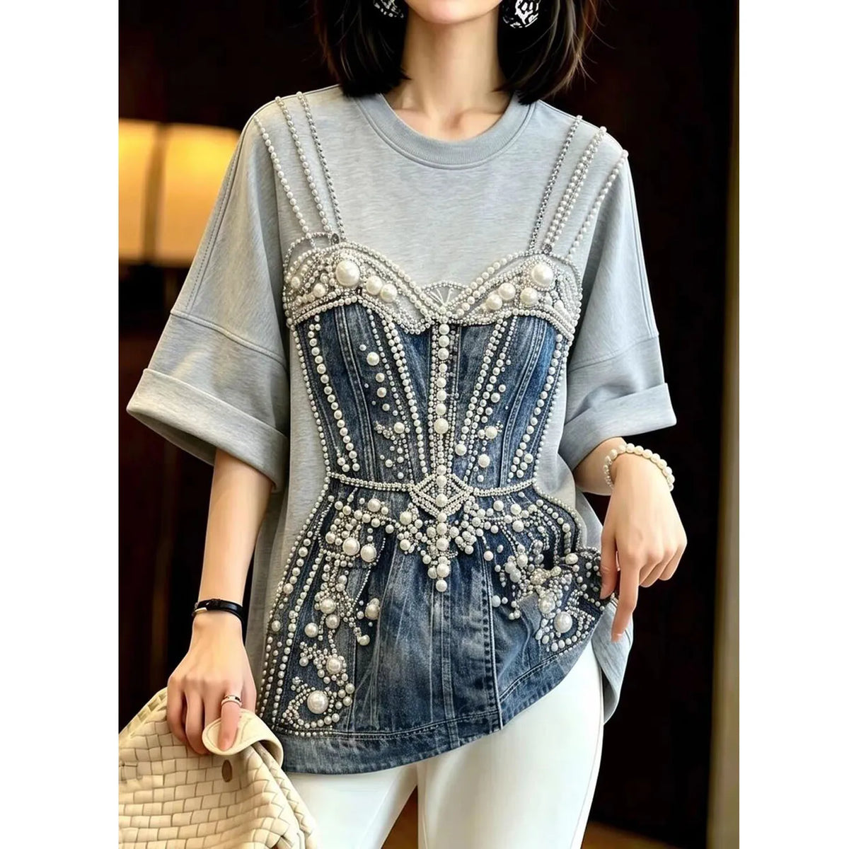 Fashionable Heavy-Duty Beaded Loose T-Shirt Women's Summer New Arrival Korean Style round Neck Short Sleeve Top for Ladies